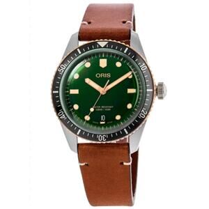 Oris Men's Automatic Watch with Green Dial and Brown Leather Strap